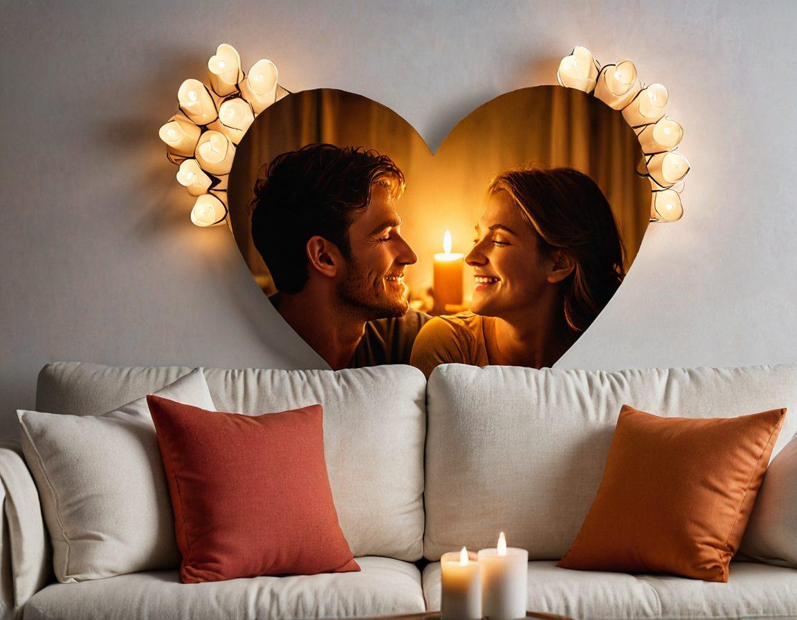 A warm, inviting scene of a couple sitting closely on a cozy couch, surrounded by soft candlelight and colorful cushions, sharing a heartfelt conversation with smiles and gentle touches. In the background, a beautiful heart-shaped wall art symbolically represents their emotional bond. The aesthetic is intimate and serene, evoking feelings of love and connection. soft focus. warm colors. romantic atmosphere.