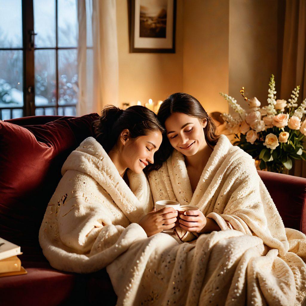 A warm, inviting living room scene showcasing a couple wrapped in cozy blankets, sharing heartfelt cuddles on a plush sofa. Soft, ambient lighting casts a golden glow, illuminating their tender expressions of love. A steaming cup of cocoa rests on a nearby table, adorned with delicate flowers to enhance the cozy atmosphere. The background features subtle, heart-shaped decorations to symbolize love and connection. warm and comforting. super-realistic. vibrant colors.