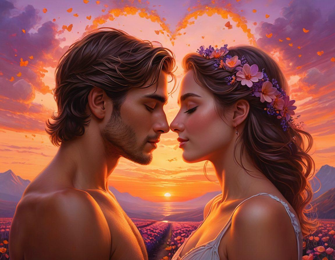 A romantic scene illustrating the journey from flirtation to deep love, featuring a couple gazing into each other's eyes with soft smiles amidst a beautiful sunset. Symbols of passion like intertwined hearts and blooming flowers surround them, representing transformation. Use warm colors to evoke emotions of love and devotion. super-realistic. vibrant colors.